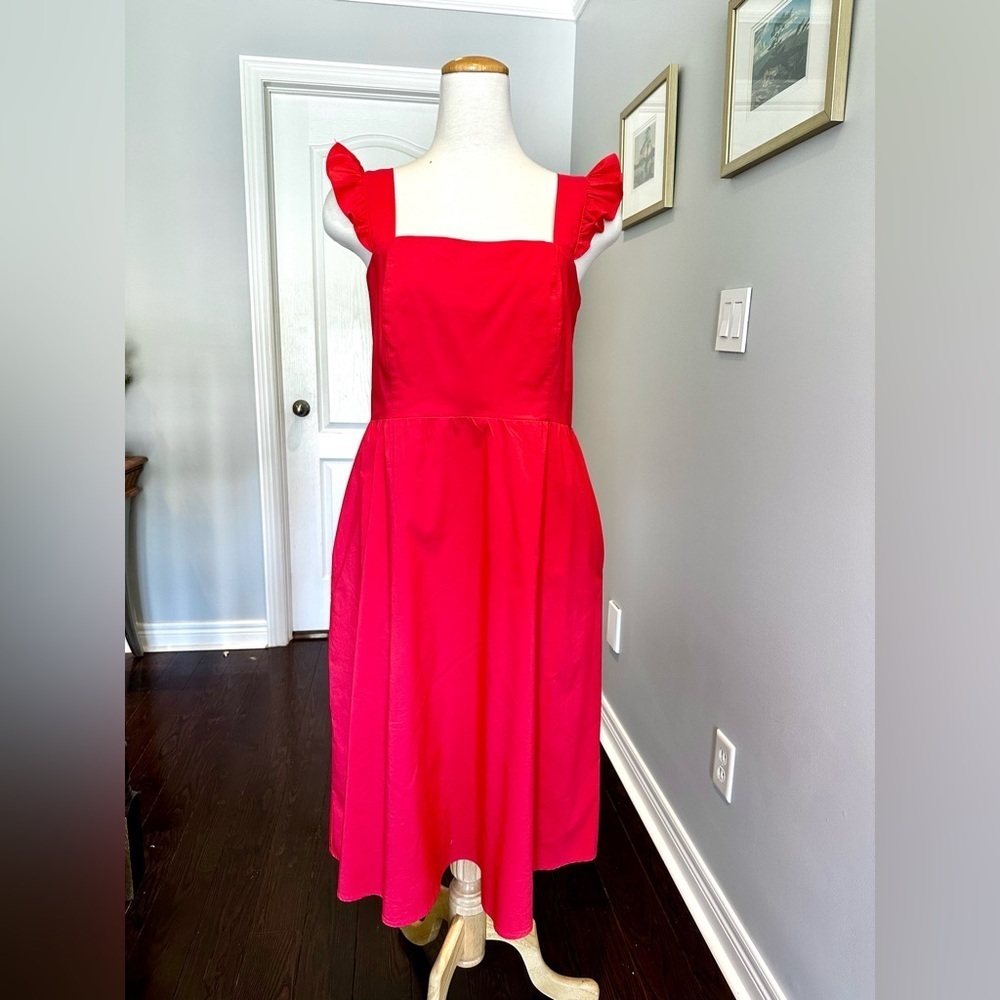 Red Ruffle Sleeve Dress with Smocking at the Back - Size M